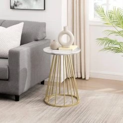 16 in. Faux White Marble/Gold Modern Round Wood-Top End Table with Metal Cage Base by Welwick Designs -Deals Welwick Designs Store white marble gold welwick designs end side tables hd9474 31 1000