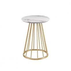 16 in. Faux White Marble/Gold Modern Round Wood-Top End Table with Metal Cage Base by Welwick Designs