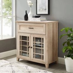 White Oak Wood and Glass Transitional 1 Drawer Window Pane Accent Cabinet by Welwick Designs
