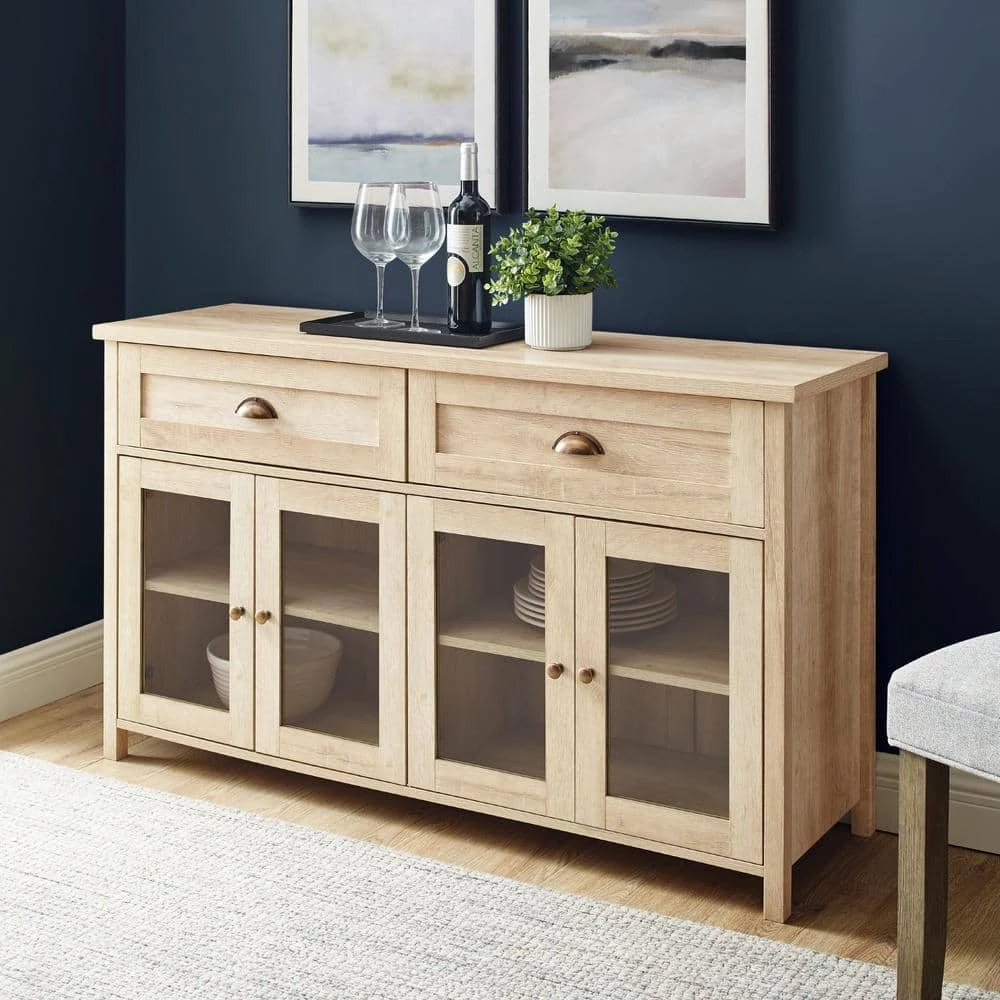 White Oak and Glass Transitional Farmhouse 4 Door Sideboard with 2-Drawers by Welwick Designs 9 White Oak and Glass Transitional Farmhouse 4 Door Sideboard with 2-Drawers by Welwick Designs - Image 9