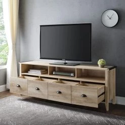 70 in. White Oak Wood Farmhouse 4-Drawer TV Stand with Cord Management (Max tv size 80 in.) by Welwick Designs -Deals Welwick Designs Store white oak welwick designs tv stands hd8858 1d 1000