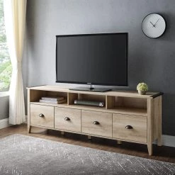 70 in. White Oak Wood Farmhouse 4-Drawer TV Stand with Cord Management (Max tv size 80 in.) by Welwick Designs
