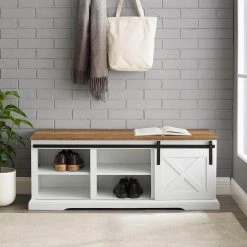 48 in. White / Reclaimed Barnwood Sliding Barn Door Entry Bench by Welwick Designs