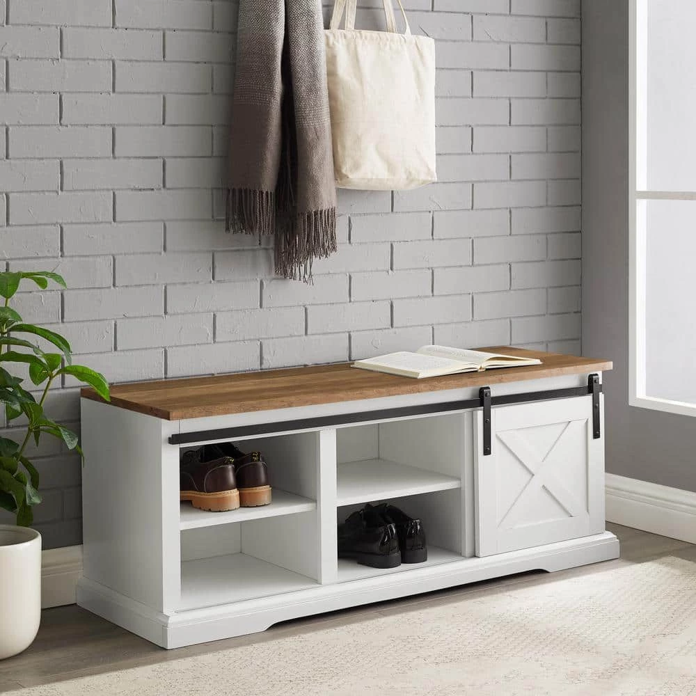 48 in. White / Reclaimed Barnwood Sliding Barn Door Entry Bench by Welwick Designs 2 48 in. White / Reclaimed Barnwood Sliding Barn Door Entry Bench by Welwick Designs - Image 2