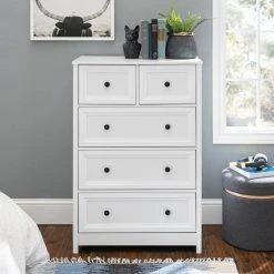 5-Drawer White Wood Transitional Dresser with Grooved Sides by Welwick Designs