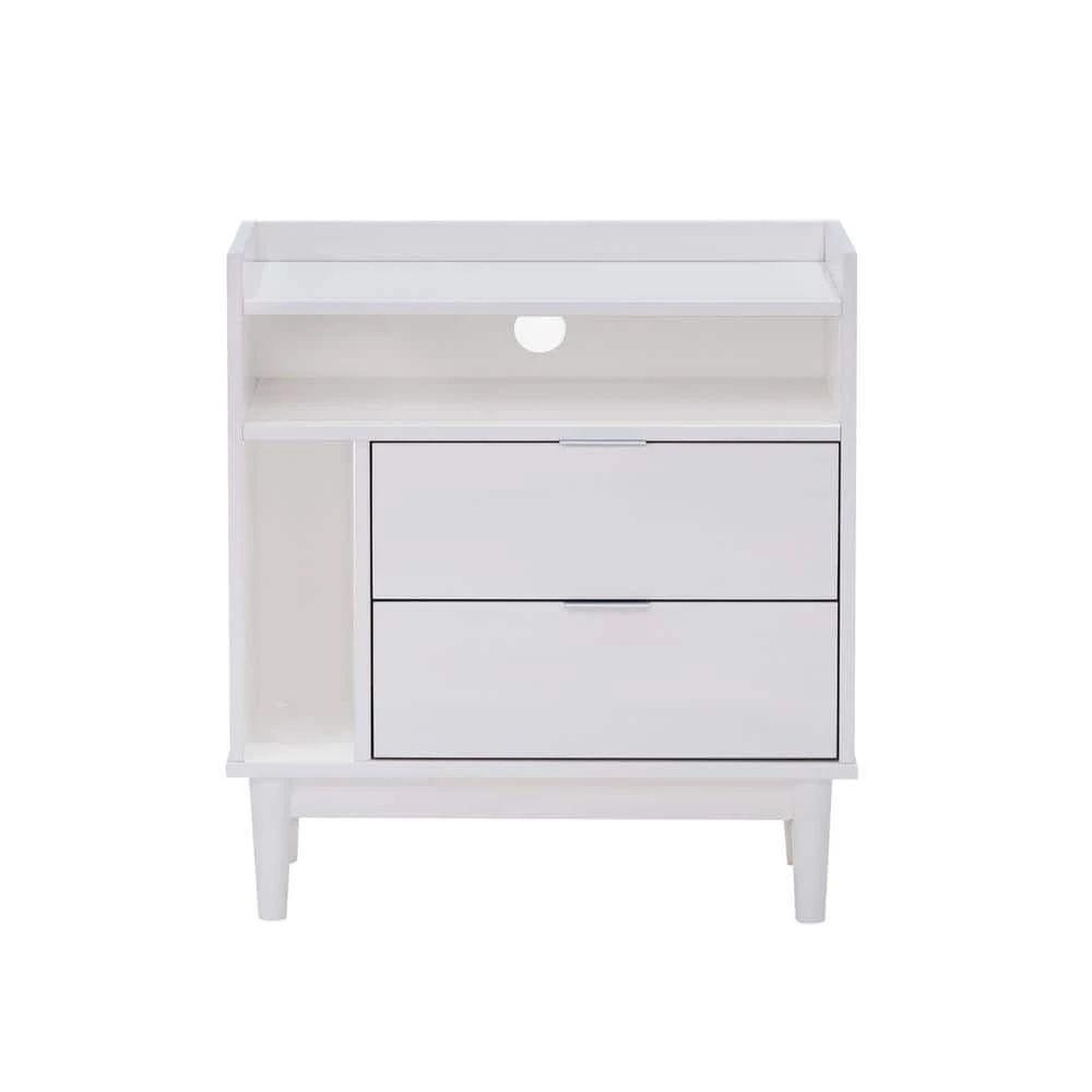 2-Drawer White Solid Wood Mid-Century Modern Nightstand with Tray Top (25.5 in. H x 25 in. W x 16 in. D) by Welwick Designs 2 2-Drawer White Solid Wood Mid-Century Modern Nightstand with Tray Top (25.5 in. H x 25 in. W x 16 in. D) by Welwick Designs - Image 2