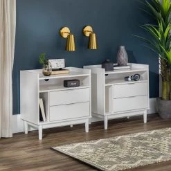 2-Drawer White Solid Wood Mid-Century Modern Nightstands with Tray Top (Set of 2) (25.5 in. H x 25 in. W x 16 in. D) by Welwick Designs -Deals Welwick Designs Store white welwick designs nightstands hd9325 31 1000