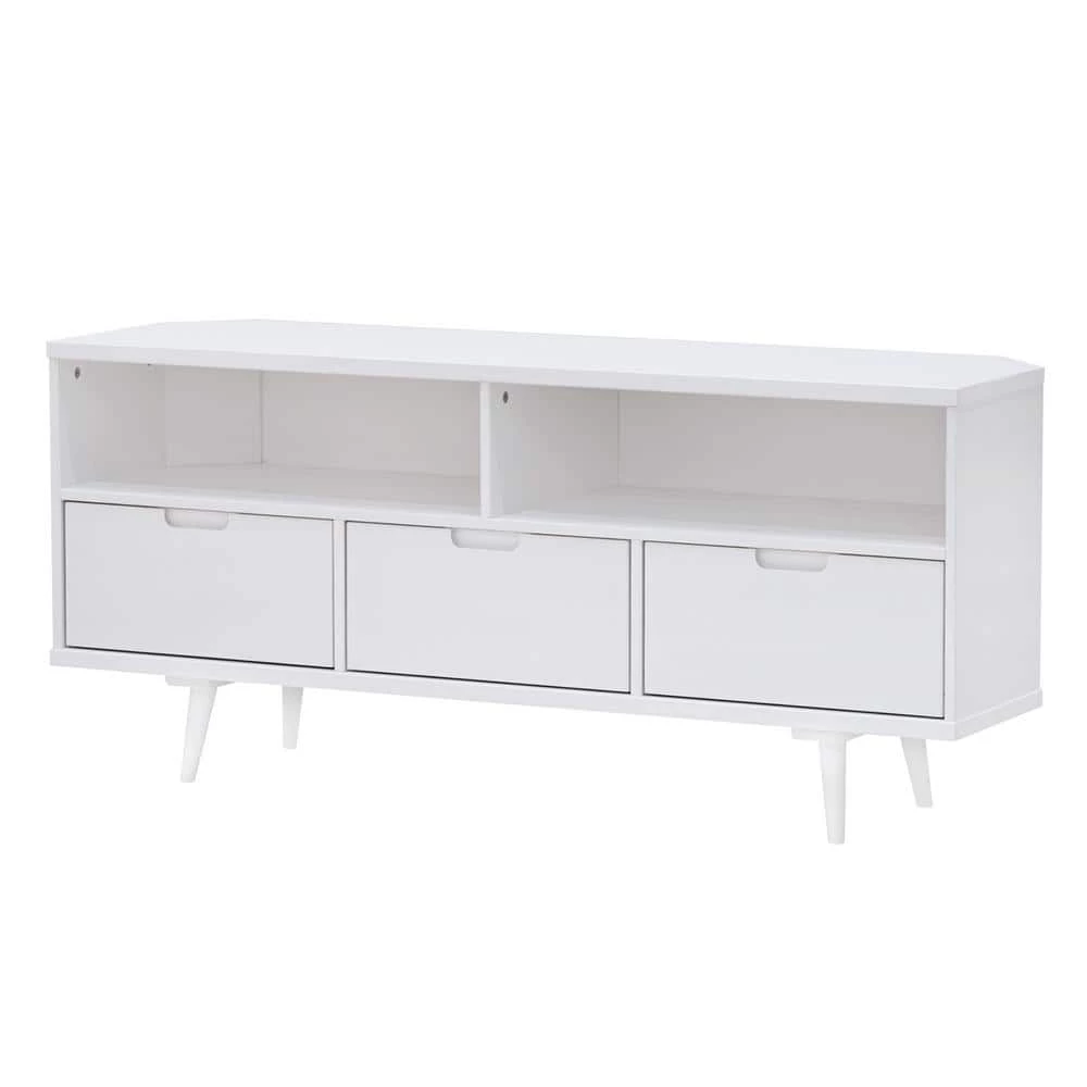52 in. White Solid Wood Mid Century Modern Corner TV Stand with 3 Drawers (Max tv size 58 in.) by Welwick Designs 1 52 in. White Solid Wood Mid Century Modern Corner TV Stand with 3 Drawers (Max tv size 58 in.) by Welwick Designs