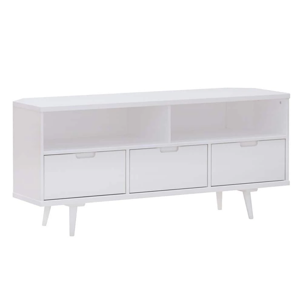 52 in. White Solid Wood Mid Century Modern Corner TV Stand with 3 Drawers (Max tv size 58 in.) by Welwick Designs 6 52 in. White Solid Wood Mid Century Modern Corner TV Stand with 3 Drawers (Max tv size 58 in.) by Welwick Designs - Image 6