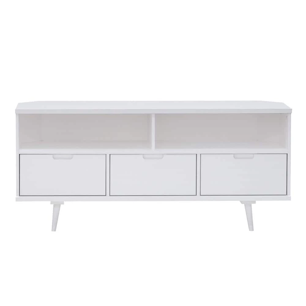 52 in. White Solid Wood Mid Century Modern Corner TV Stand with 3 Drawers (Max tv size 58 in.) by Welwick Designs 8 52 in. White Solid Wood Mid Century Modern Corner TV Stand with 3 Drawers (Max tv size 58 in.) by Welwick Designs - Image 8
